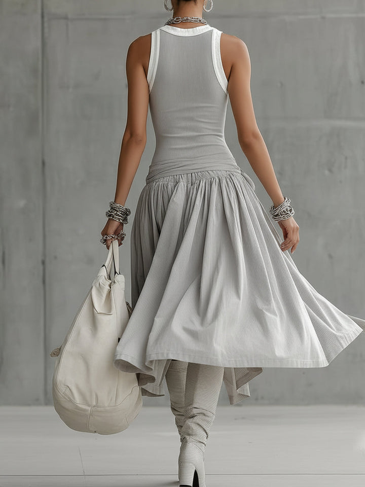 Bella | Gray Ribbed Set Sculpted Top and Draped Midi Skirt