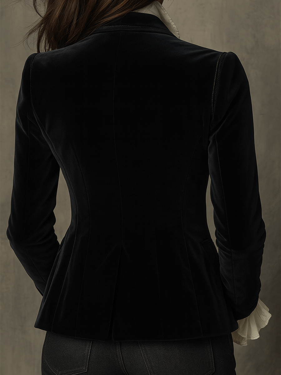 Teress | Chic Black Velvet Blazer with Embroidery