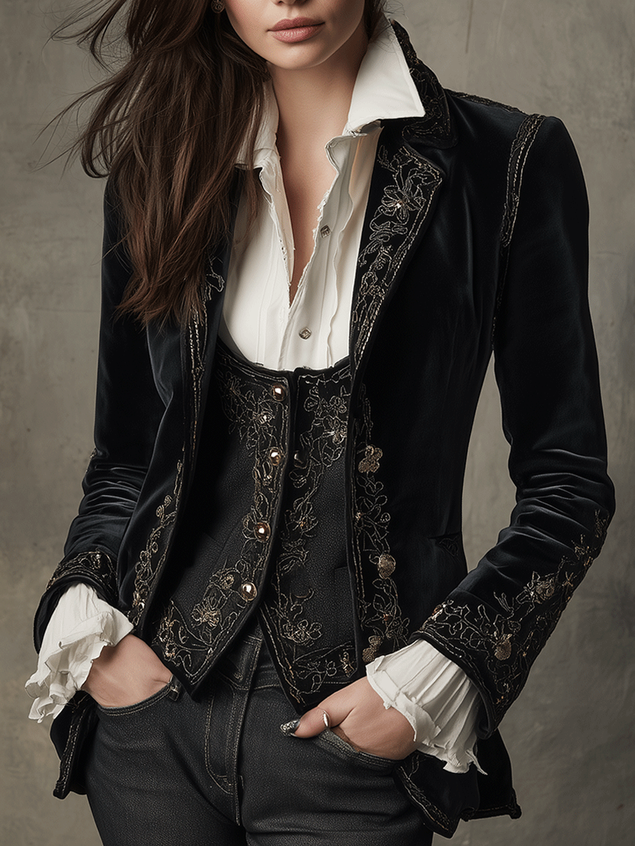 Teress | Chic Black Velvet Blazer with Embroidery