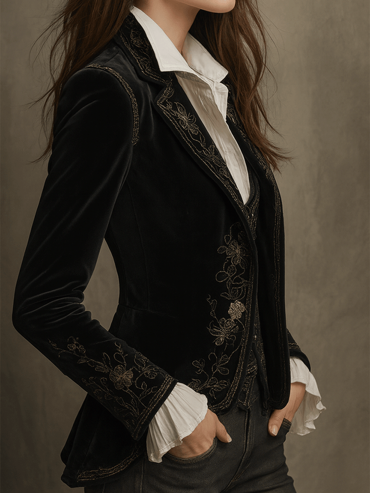 Teress | Chic Black Velvet Blazer with Embroidery
