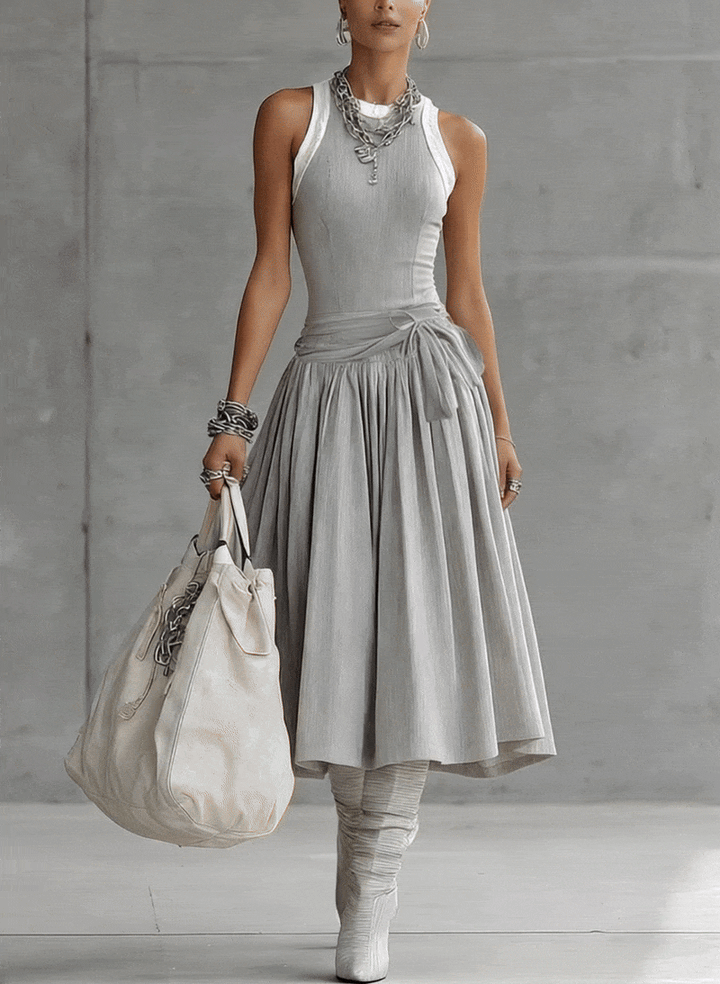 Bella | Gray Ribbed Set Sculpted Top and Draped Midi Skirt